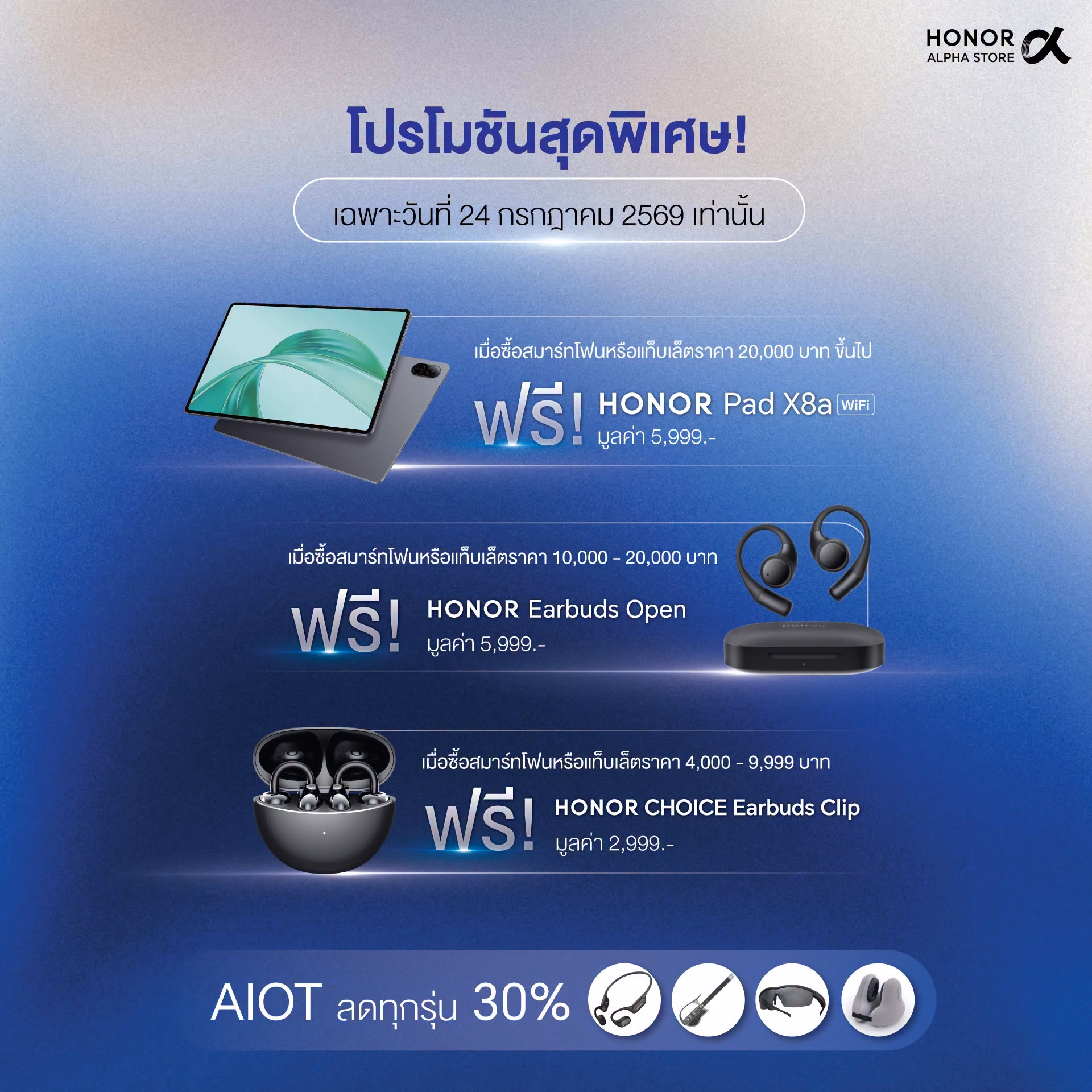 กราฟิกโปรโมชันเปิดร้าน HONOR Alpha Store แสดงของแถมตามช่วงราคาสินค้า