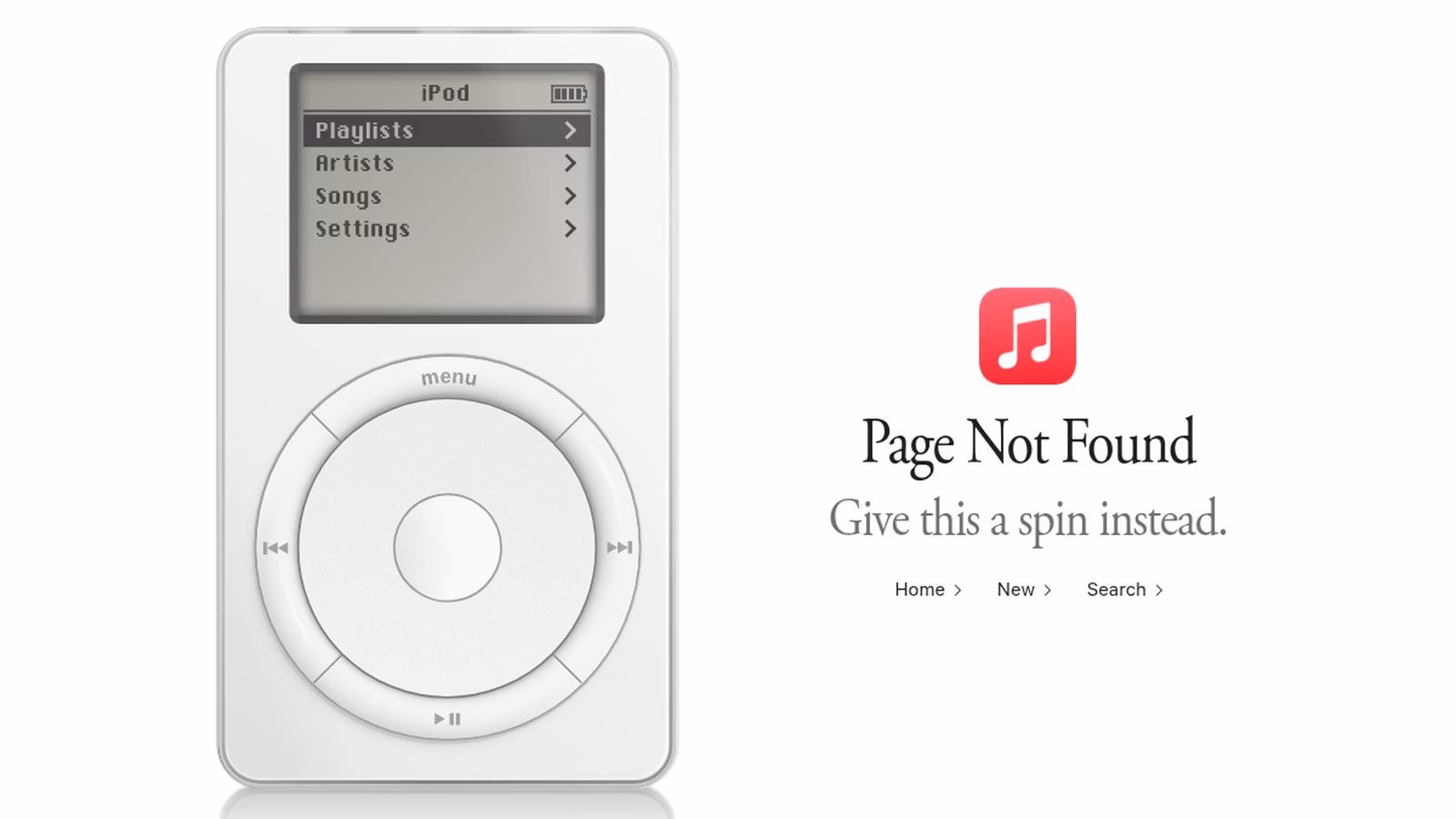 iPod รุ่นแรกจำลองบนหน้า 404 ของ Apple Music
