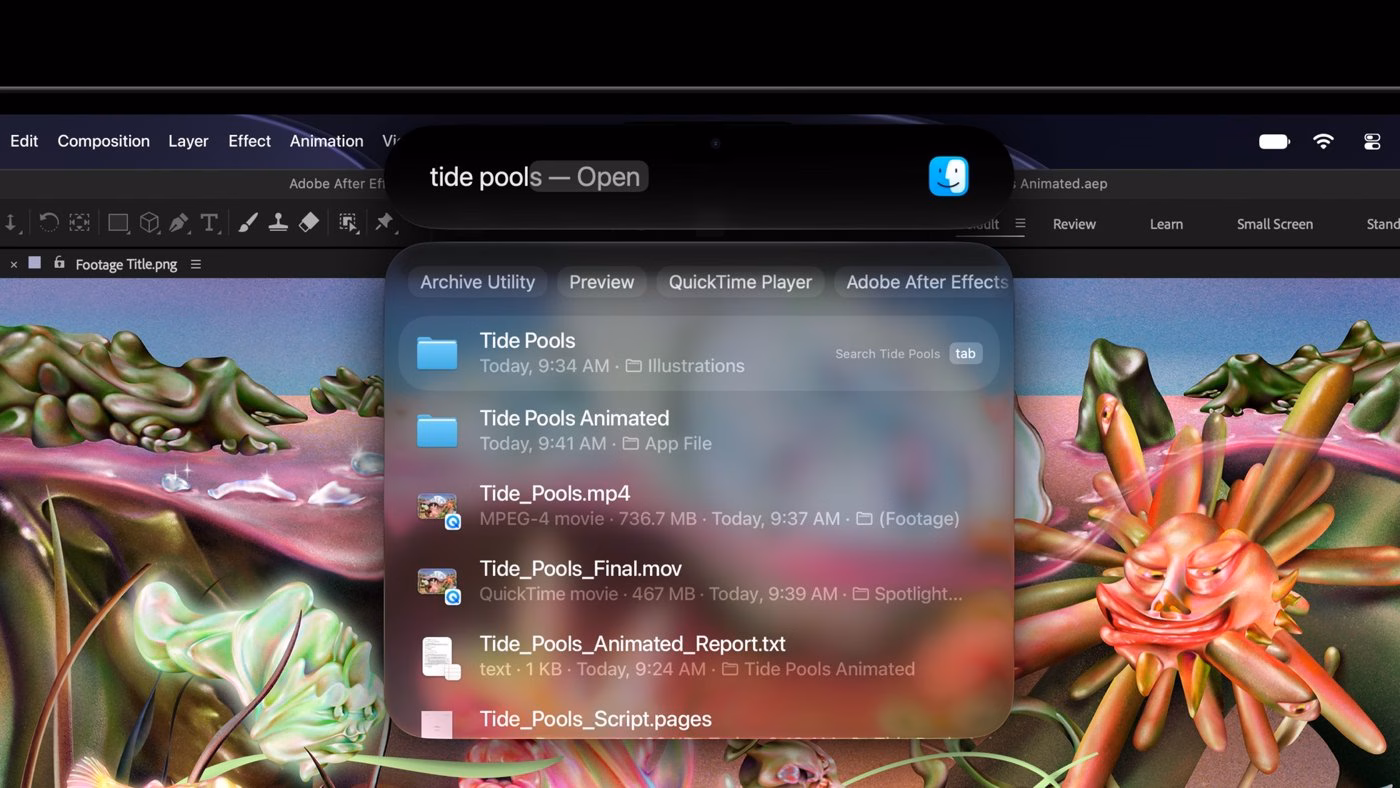 Spotlight ใน Dynamic Island บน MacBook Pro จอ PROLED XDR