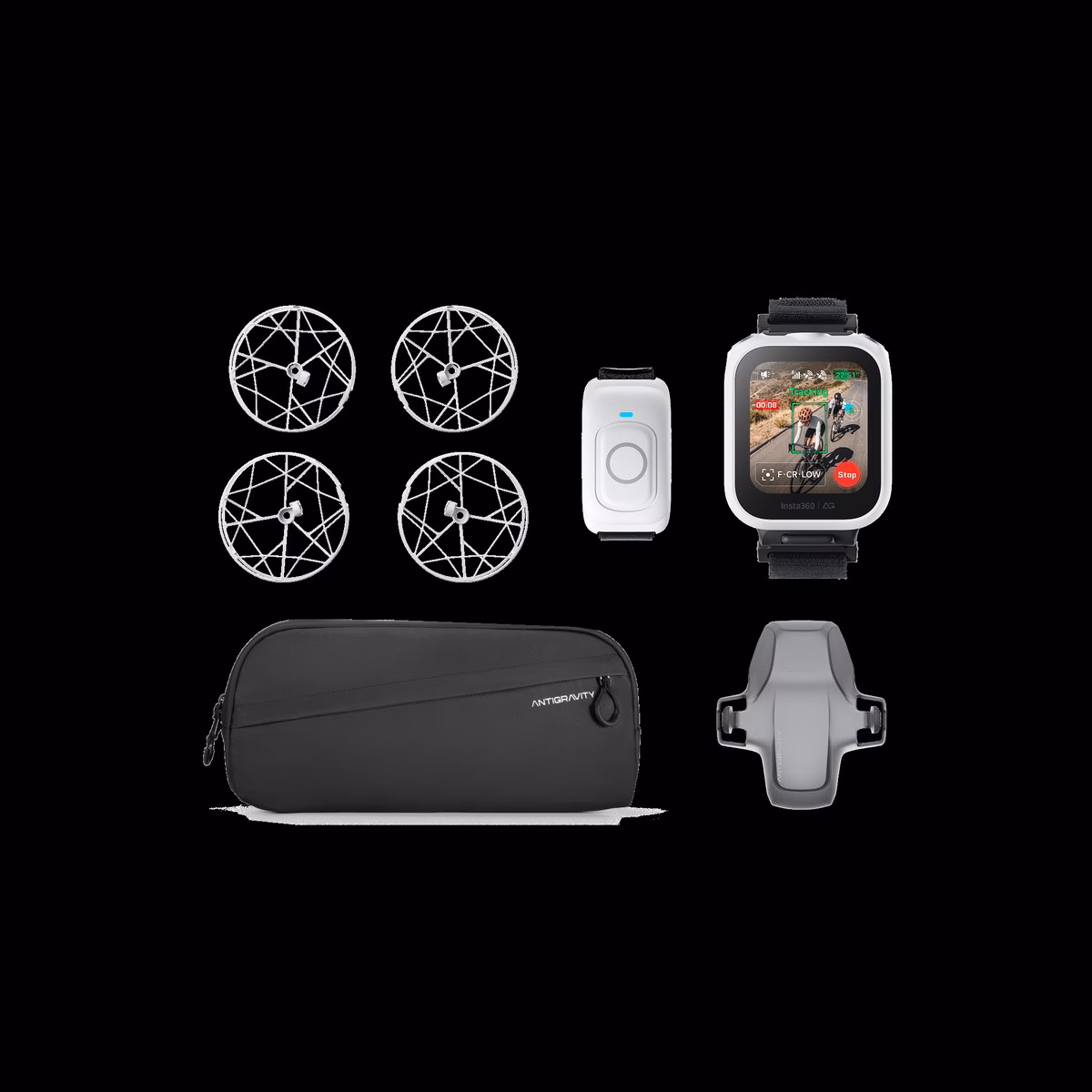 อุปกรณ์ในชุด Follow Me ของ Antigravity A1 มี Watch Remote, Ring Remote, การ์ดใบพัดแบบรอบตัวและกระเป๋า