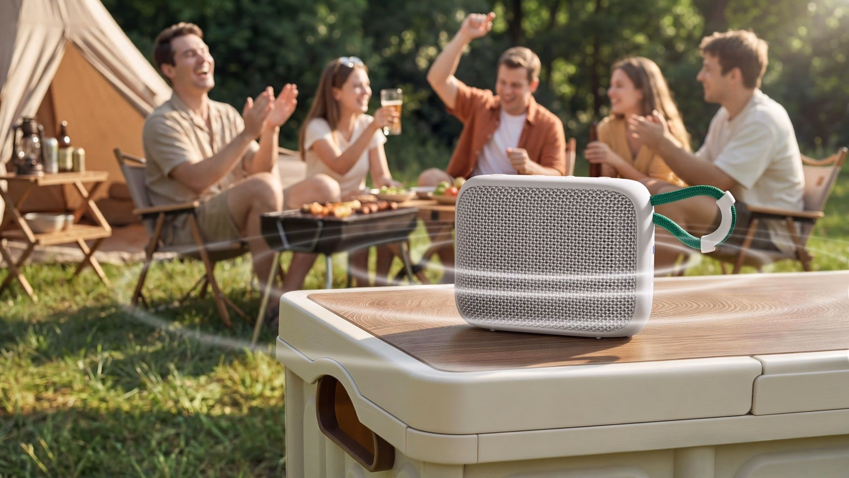 OPPO Portable Wireless Speaker สีเขียวเทาวางบนกล่องแคมป์ระหว่างปิกนิก
