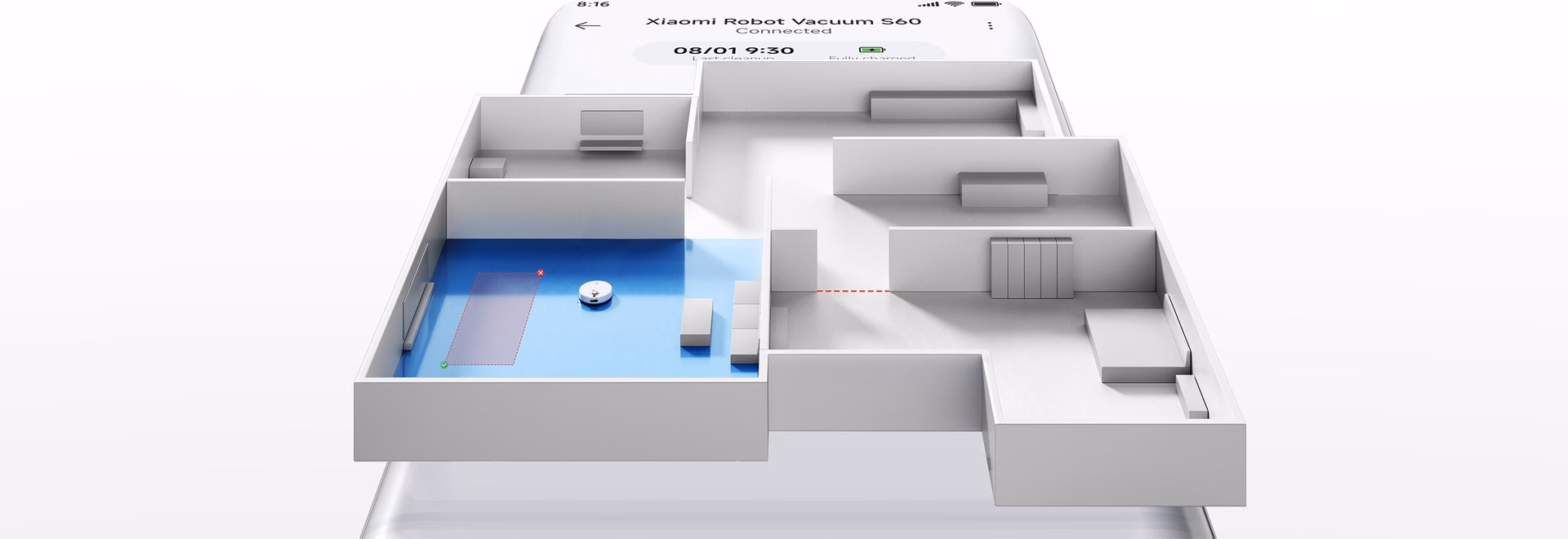 แผนที่บ้านที่ Xiaomi Robot Vacuum S60 สร้างจากการสแกนด้วยเลเซอร์ในแอป Xiaomi Home
